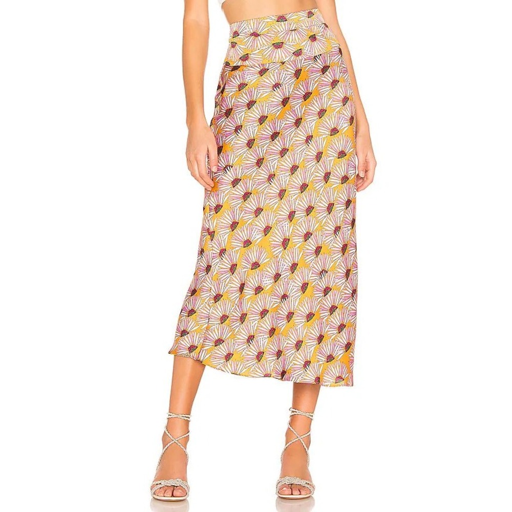 Free People Floral Sunburst Maxi Skirt Mustard Yellow Pink Boho A-Line Size 4
